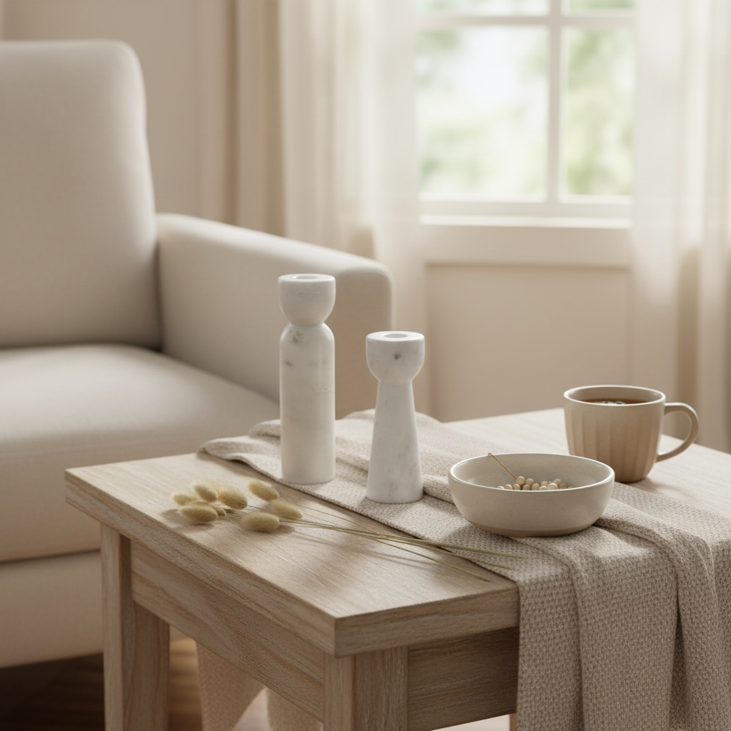 Set of 2 Elegant White Marble Candle Holders, Modern Decorative Candlesticks