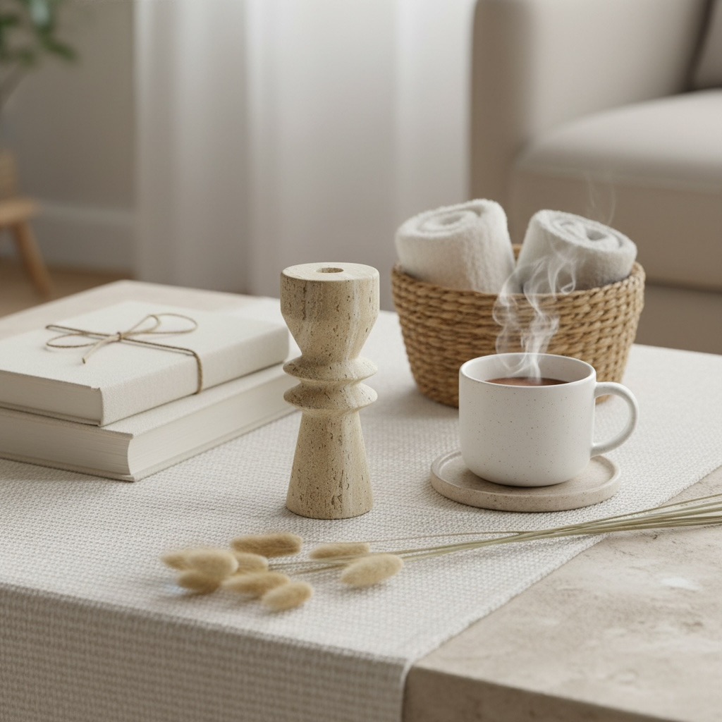 Modern Minimalist 8 Inch Stone Candle Holder with Geometric Hourglass Shape