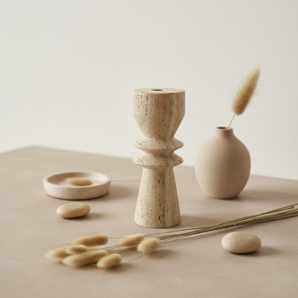 Modern Minimalist 8 Inch Stone Candle Holder with Geometric Hourglass Shape