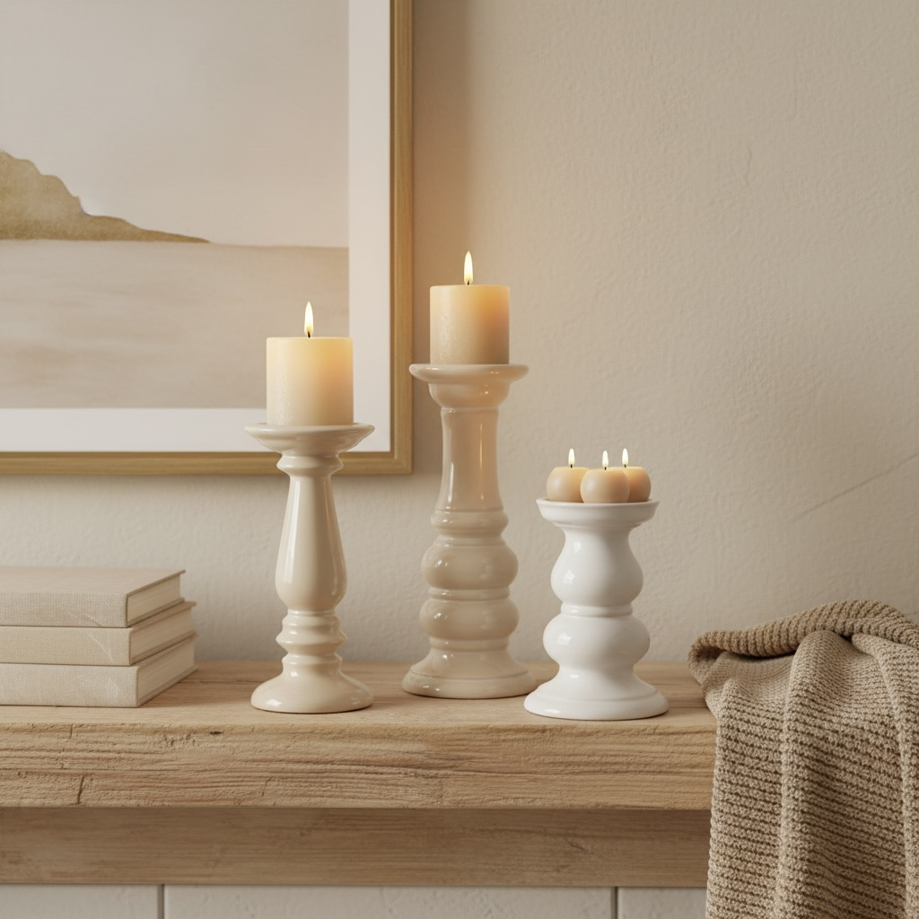 Set of 3 // Modern Ceramic White Candle Holders (tall 7", medium 6", small 5")