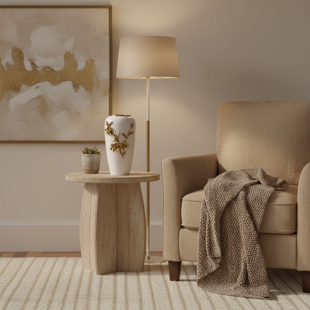 Modern Ceramic Vase with Gold Flower Design, White, 12 Inch