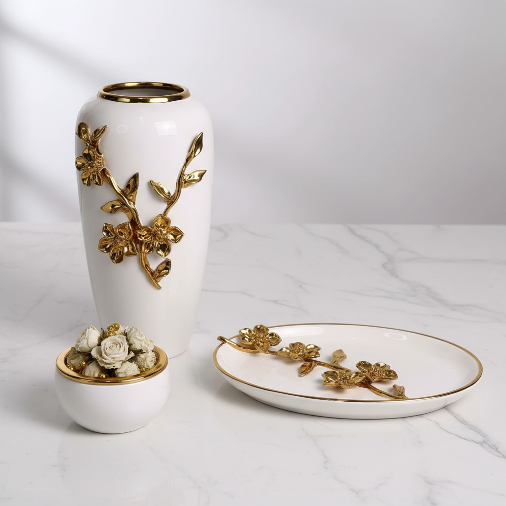Modern Ceramic Vase with Gold Flower Design, White, 12 Inch