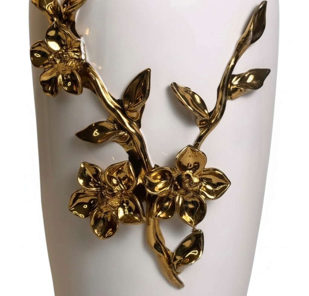 Modern Ceramic Vase with Gold Flower Design, White, 12 Inch