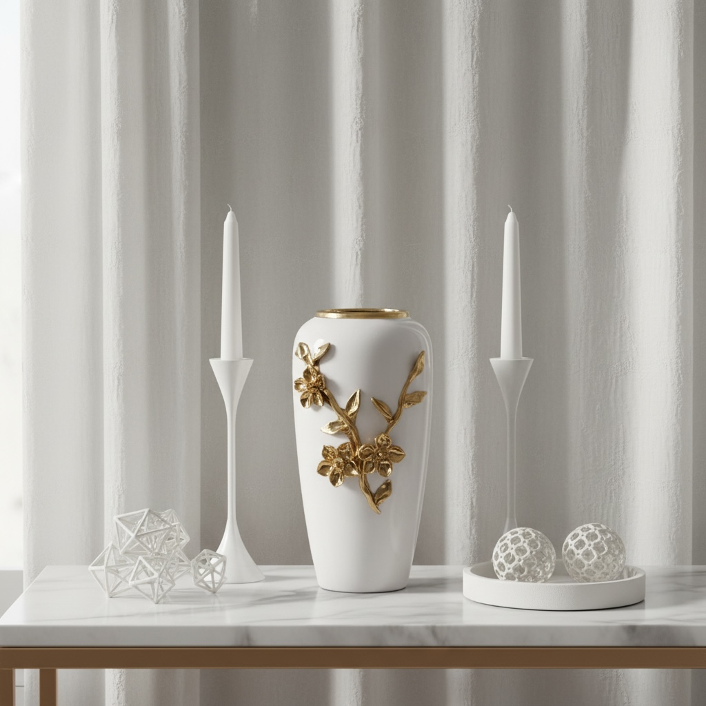 Modern Ceramic Vase with Gold Flower Design, White, 12 Inch
