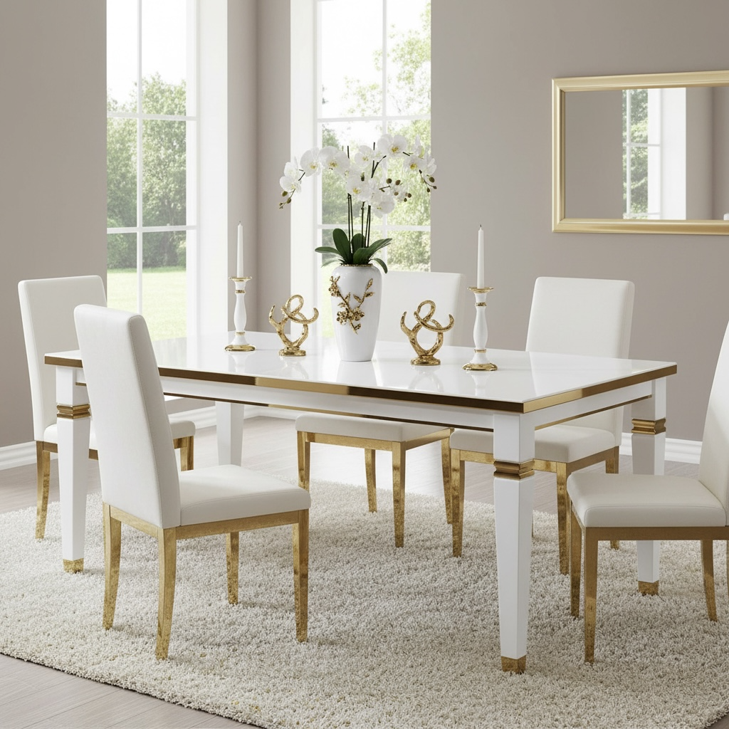 Modern Ceramic Vase with Gold Flower Design, White, 12 Inch