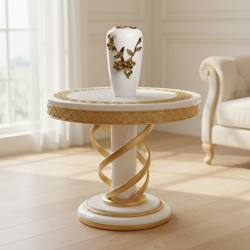 Modern Ceramic Vase with Gold Flower Design, White, 12 Inch