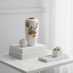 Modern Ceramic Vase with Gold Flower Design, White, 12 Inch