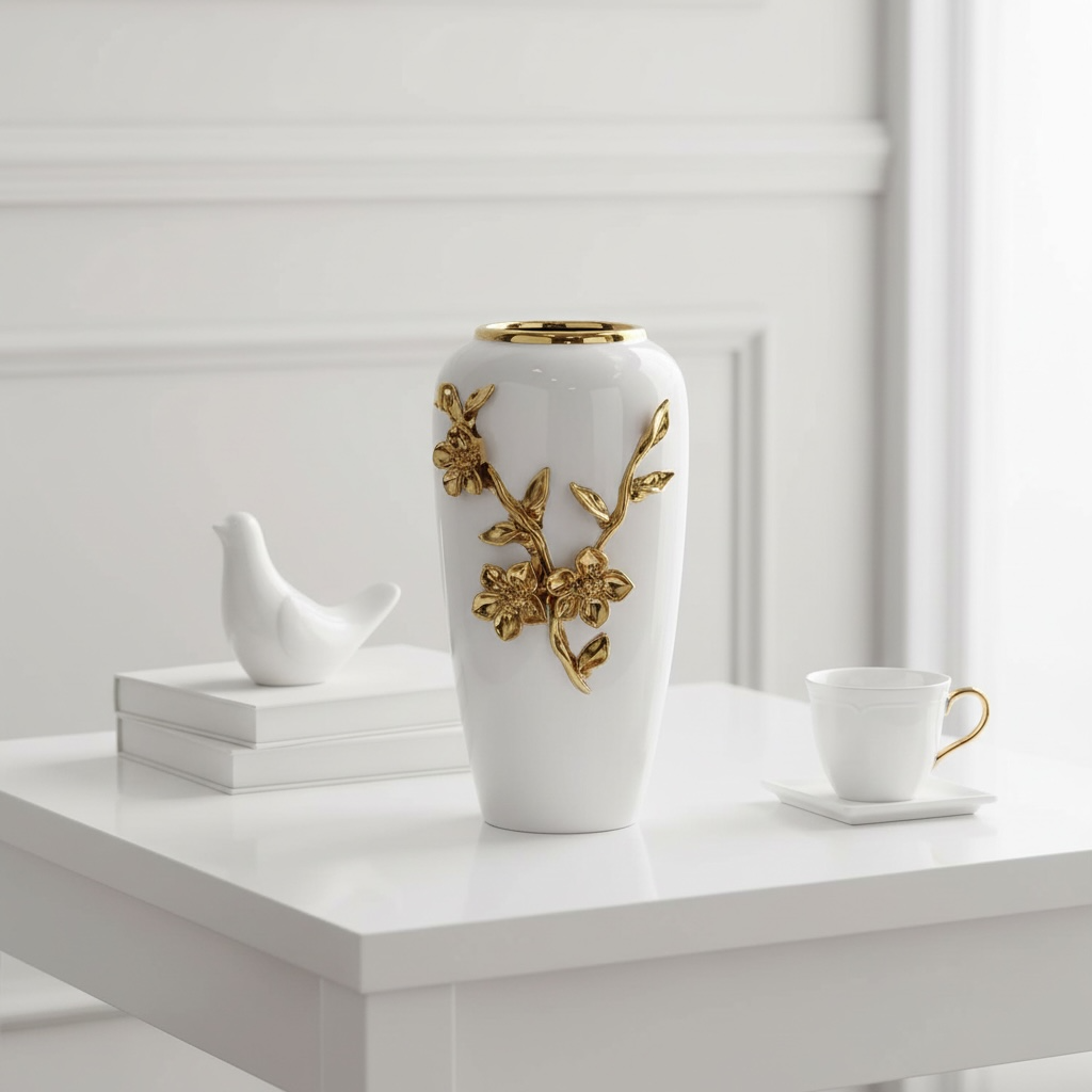 Modern Ceramic Vase with Gold Flower Design, White, 12 Inch