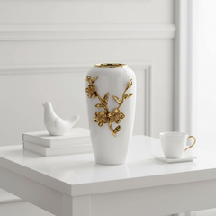 Modern Ceramic Vase with Gold Flower Design, White, 12 Inch