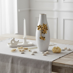 Modern Ceramic Vase with Gold Flower Decoration, White, 13 Inch