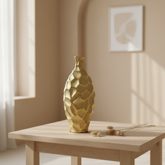 Modern Textured Metal Gold Vase, 14 Inch, Geometric Honeycomb Design
