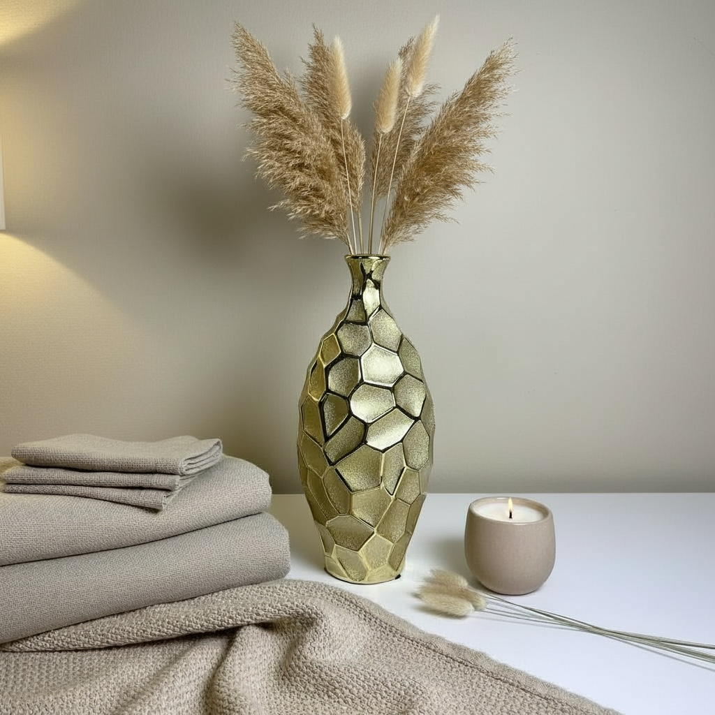 Modern Textured Metal Gold Vase, 14 Inch, Geometric Honeycomb Design