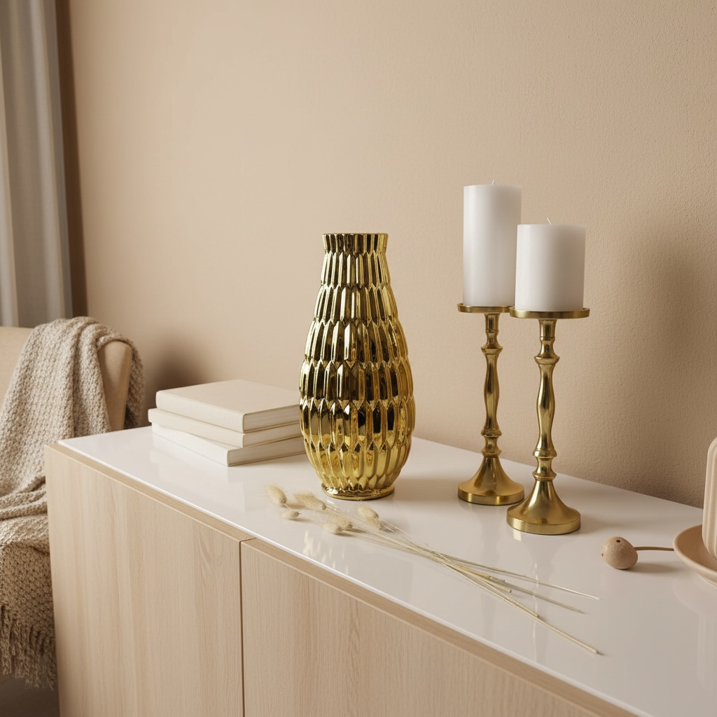 Modern Contemporary Ceramic Gold Vase, 14 Inch, Decorative Metal Flower Vase with Textured Design