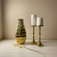 Modern Contemporary Ceramic Gold Vase, 14 Inch, Decorative Metal Flower Vase with Textured Design