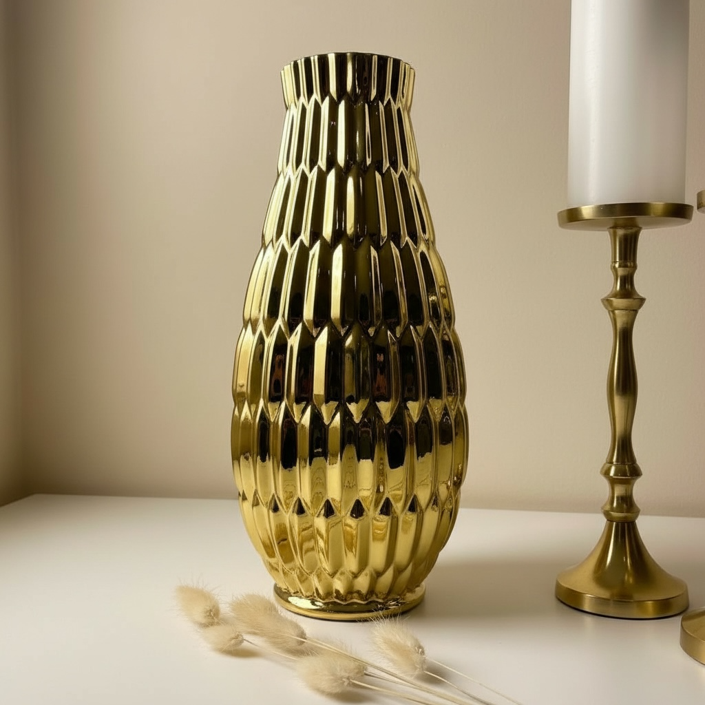 Modern Contemporary Ceramic Gold Vase, 14 Inch, Decorative Metal Flower Vase with Textured Design