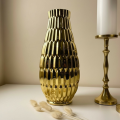 Modern Contemporary Ceramic Gold Vase, 14 Inch, Decorative Metal Flower Vase with Textured Design