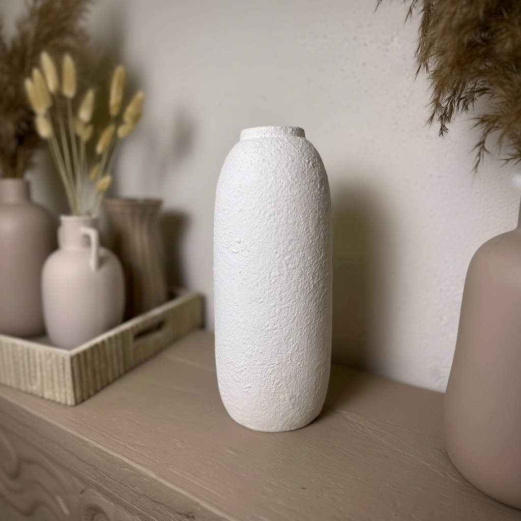 Minimalist Textured Ceramic White Vase 12"