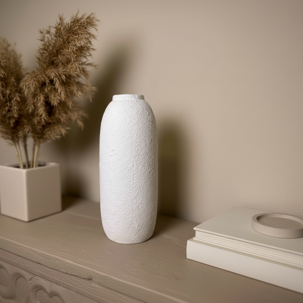 Minimalist Textured Ceramic White Vase 12"