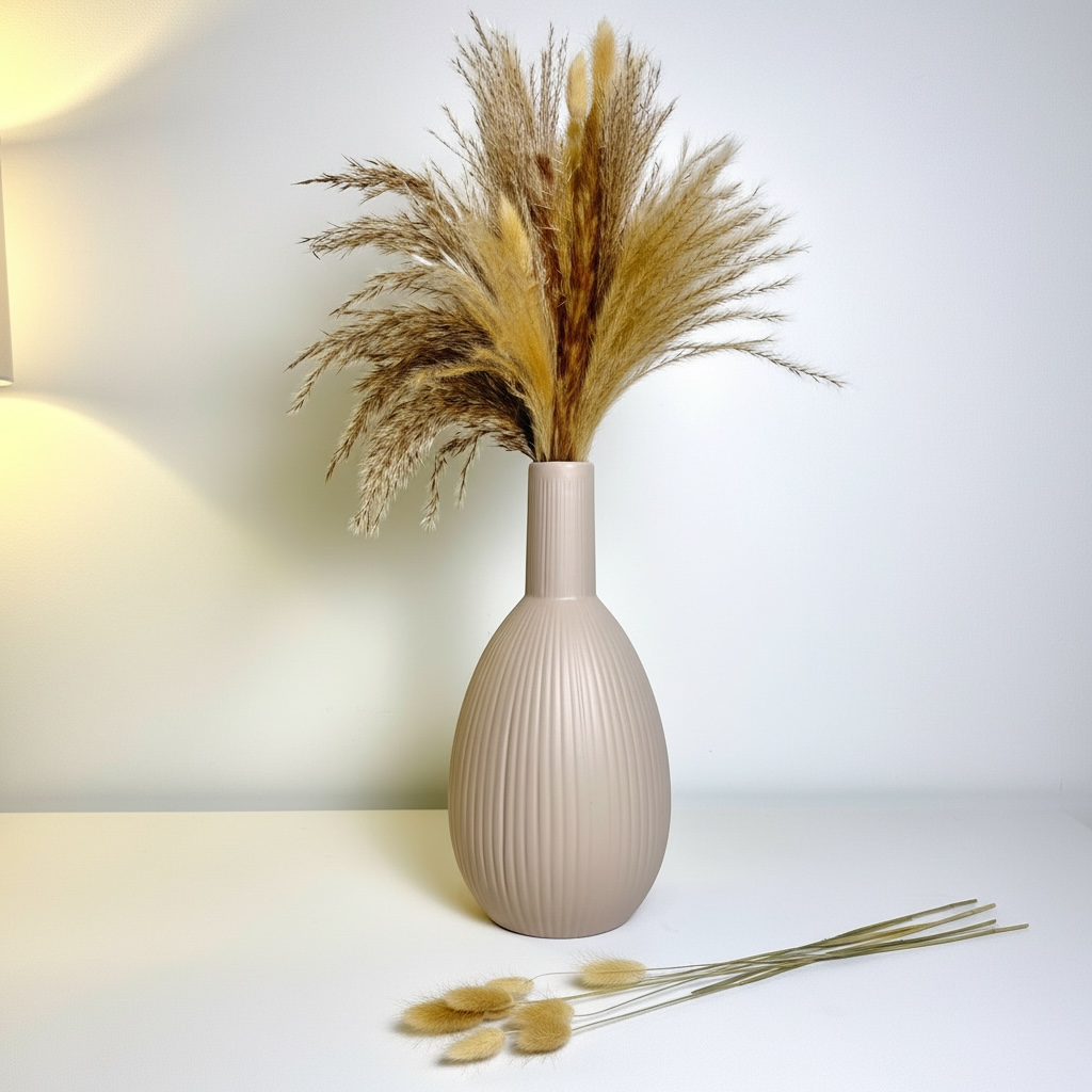 Elegant Tan Matte Minimalist Bottle Vase Stripes 12"