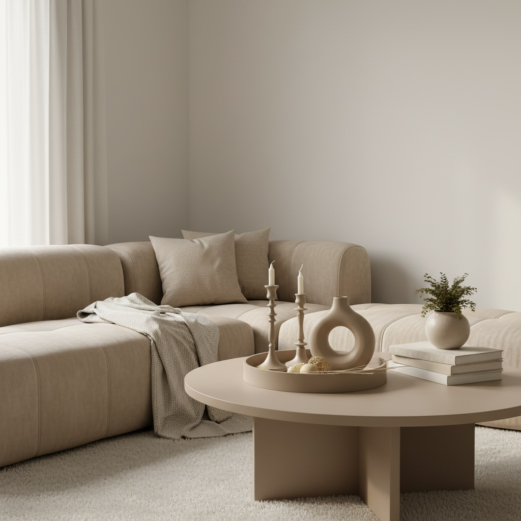 Round Wood Tray and Set of 2 Candle Holders - Tan Matte