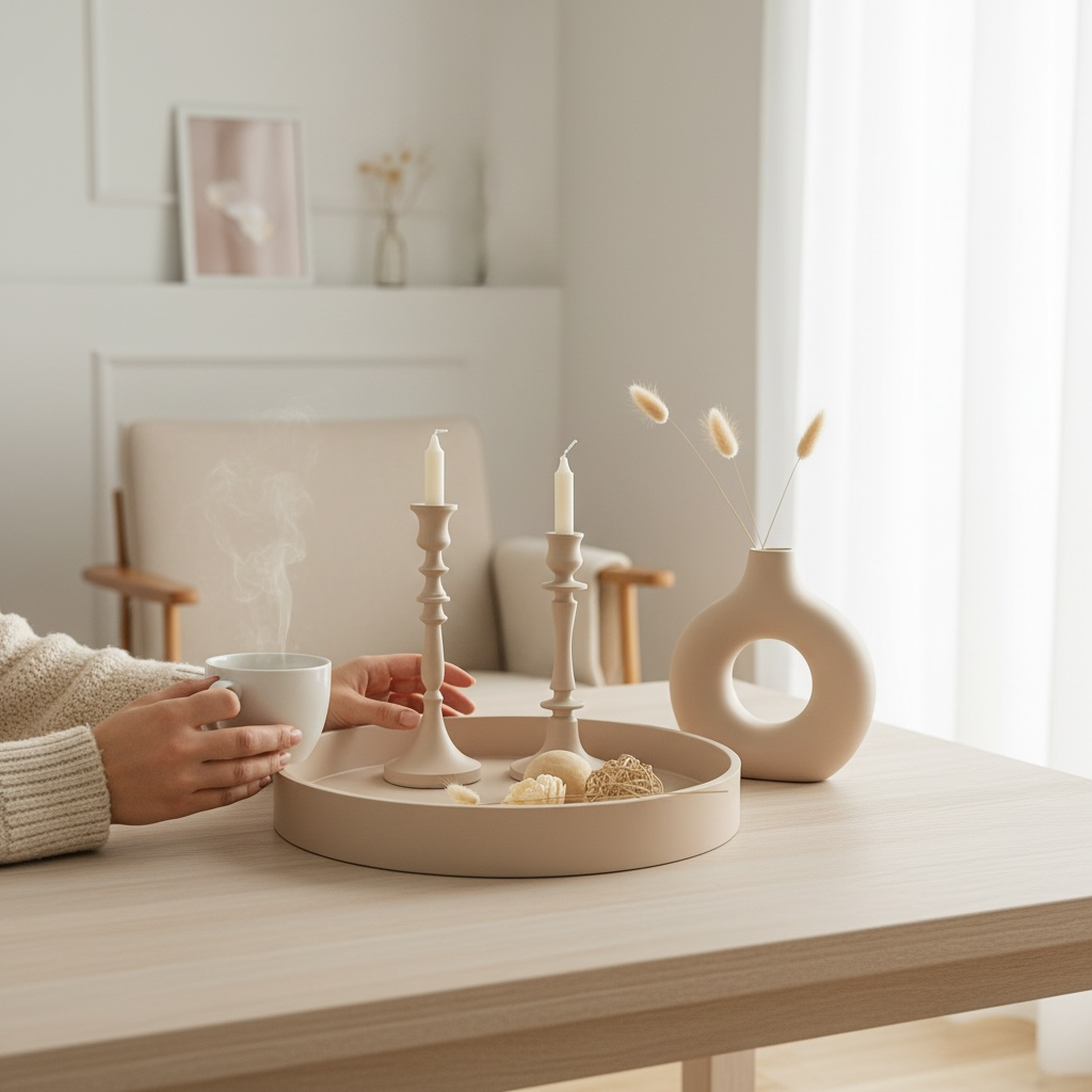 Round Wood Tray and Set of 2 Candle Holders - Tan Matte