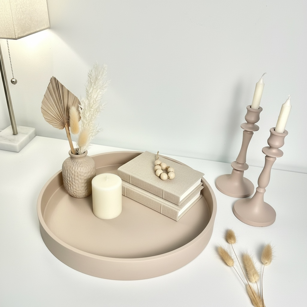 Round Wood Tray and Set of 2 Candle Holders - Tan Matte