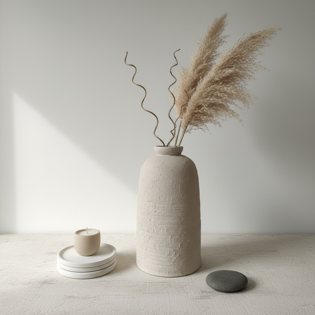 Minimalist Textured Ceramic Vase 12.5” - Light Beige