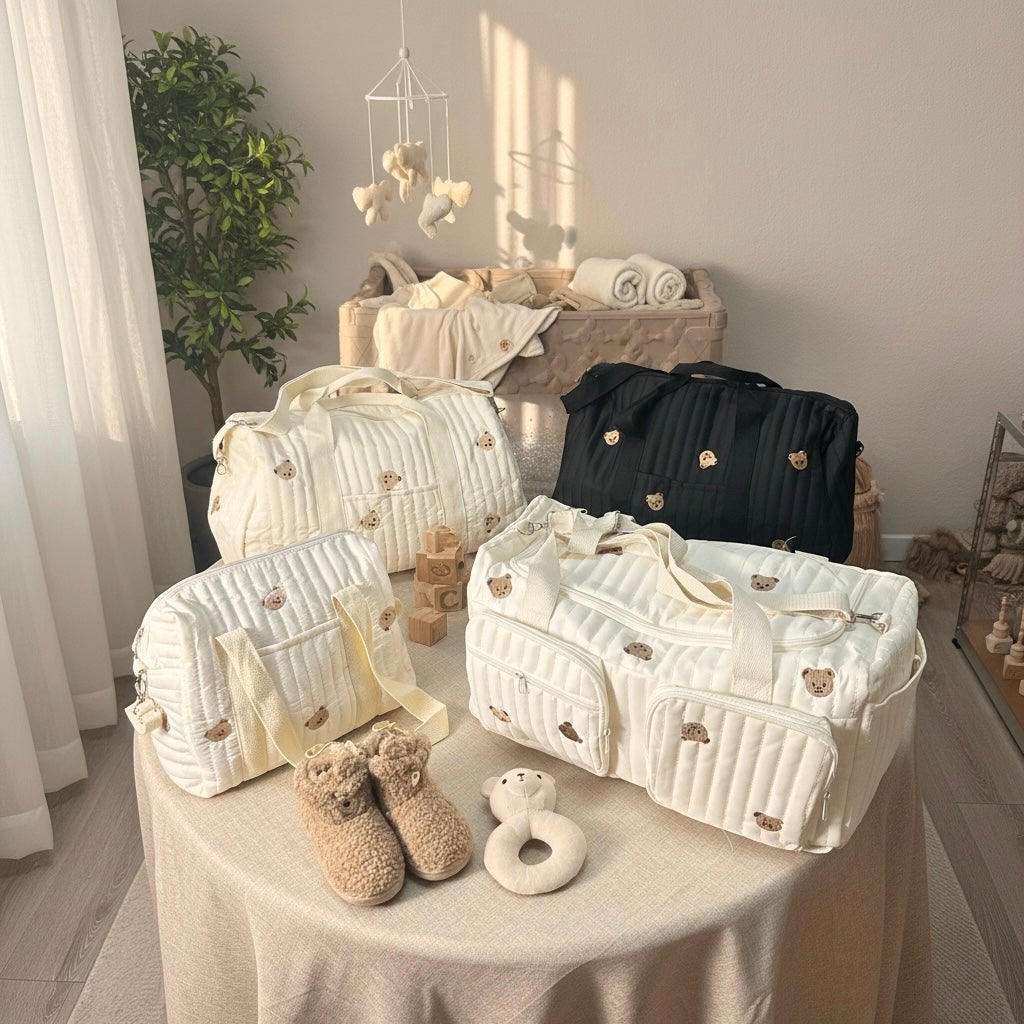 Cozy Quilted Baby Diaper Bag with Bear Pattern, Large Capacity Travel Tote 18“Lx6”Wx12“H