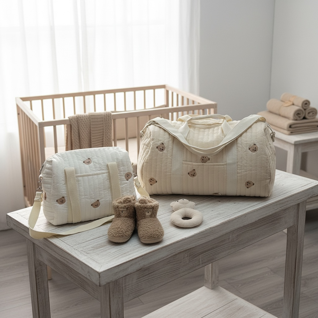 Cozy Quilted Baby Diaper Bag with Bear Pattern, Large Capacity Travel Tote 18“Lx6”Wx12“H