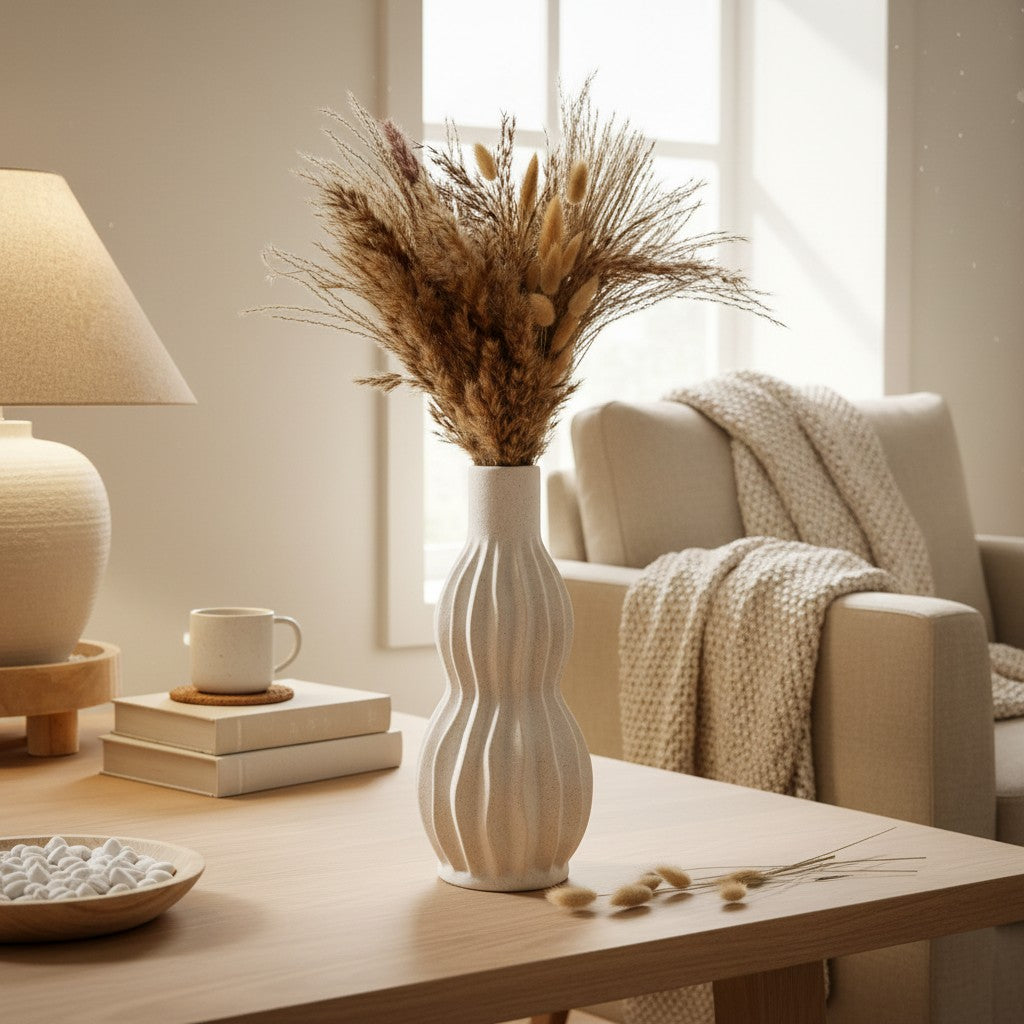Minimalist Modern Ceramic Stripes Vase - White 14"