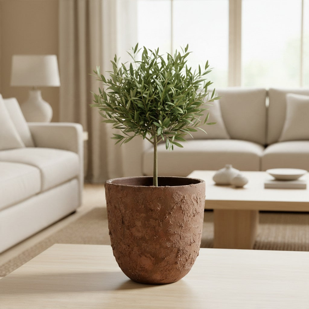 11" tall Minimalist Hand-Painted & Textured Planter Pot with drainage hole - Dark Brown