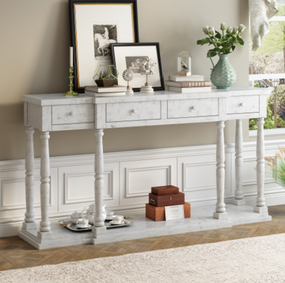 Retro Console Table for Hallway with 4 Front Facing Storage Drawers and 1 Shelf - Antique White