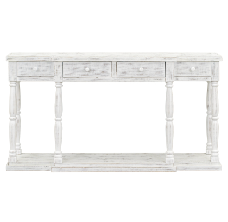 Retro Console Table for Hallway with 4 Front Facing Storage Drawers and 1 Shelf - Antique White
