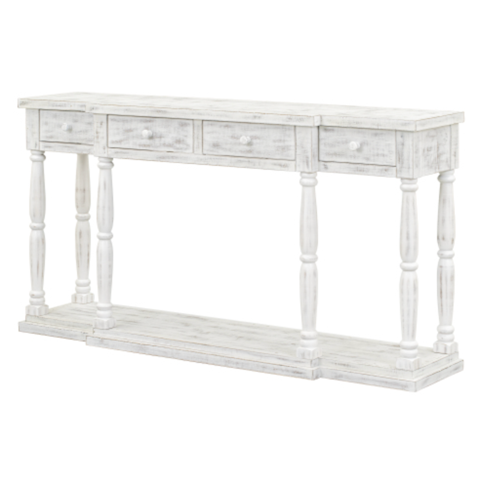 Retro Console Table for Hallway with 4 Front Facing Storage Drawers and 1 Shelf - Antique White