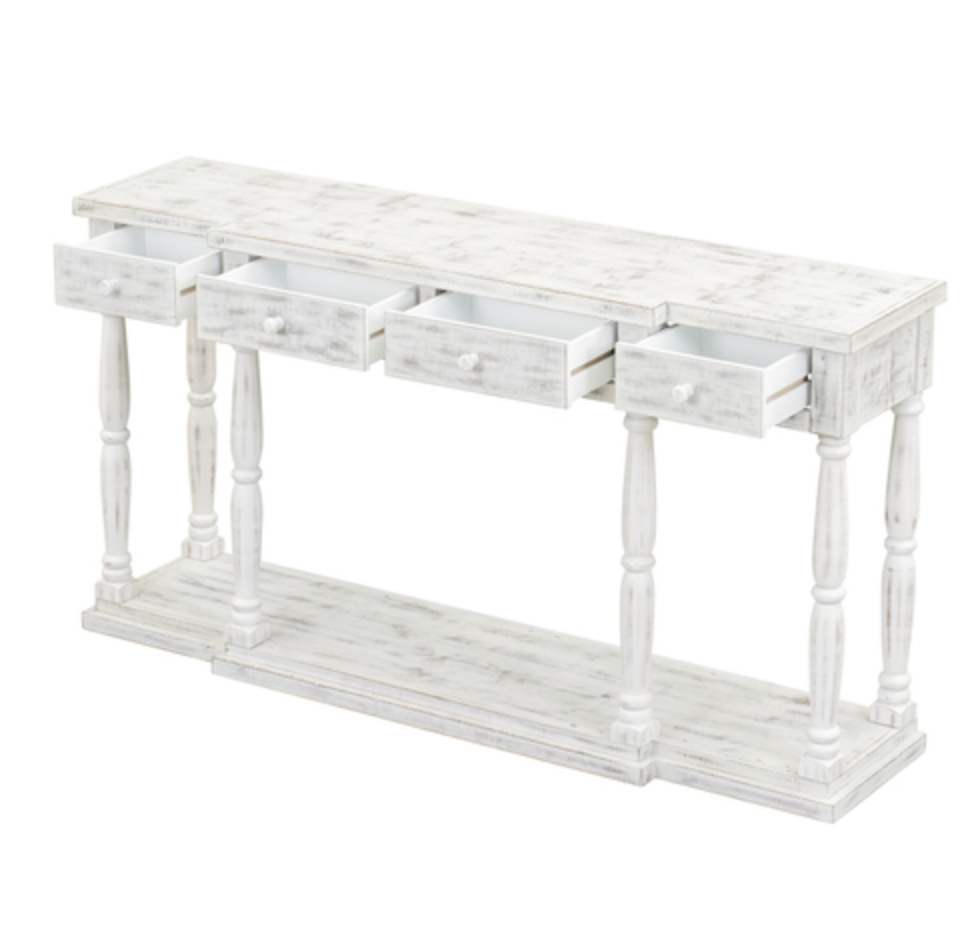 Retro Console Table for Hallway with 4 Front Facing Storage Drawers and 1 Shelf - Antique White