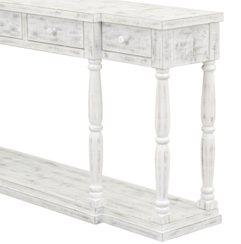 Retro Console Table for Hallway with 4 Front Facing Storage Drawers and 1 Shelf - Antique White