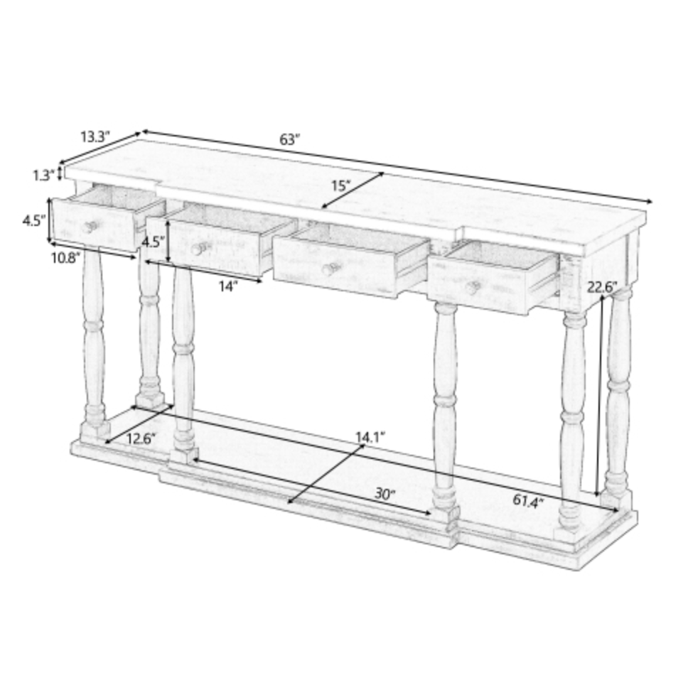 Retro Console Table for Hallway with 4 Front Facing Storage Drawers and 1 Shelf - Antique White