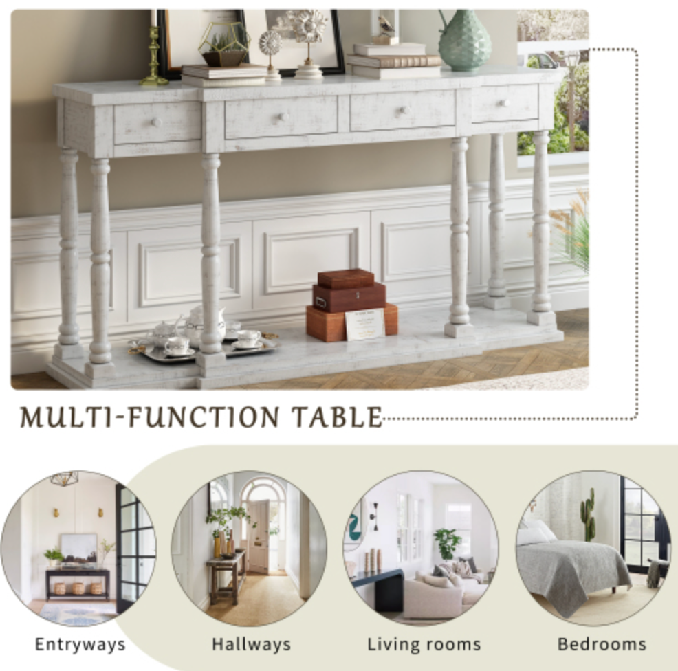 Retro Console Table for Hallway with 4 Front Facing Storage Drawers and 1 Shelf - Antique White