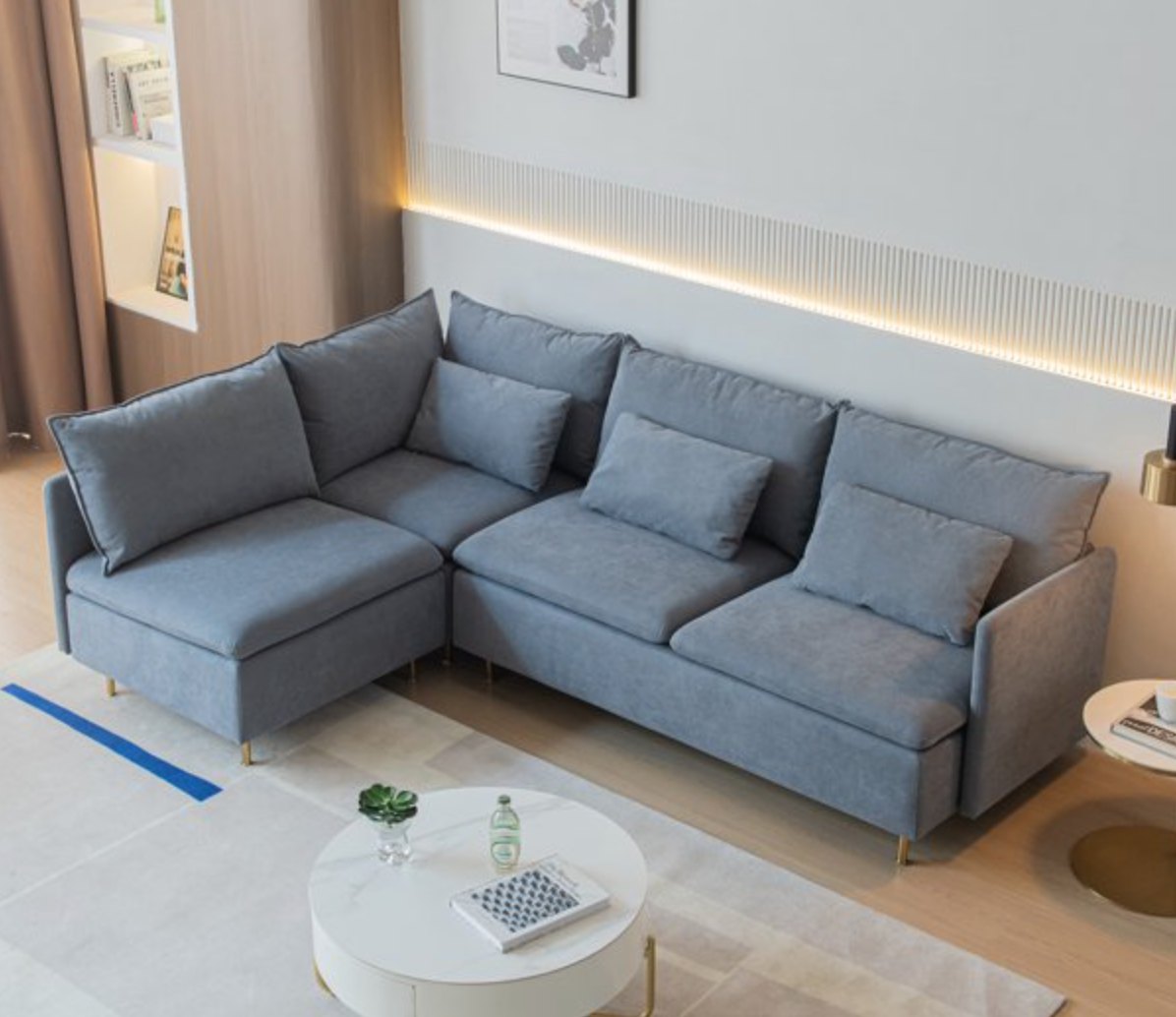 Modular L-shaped Corner sofa, Left Hand Facing Sectional Couch - Grey Cotton Linen