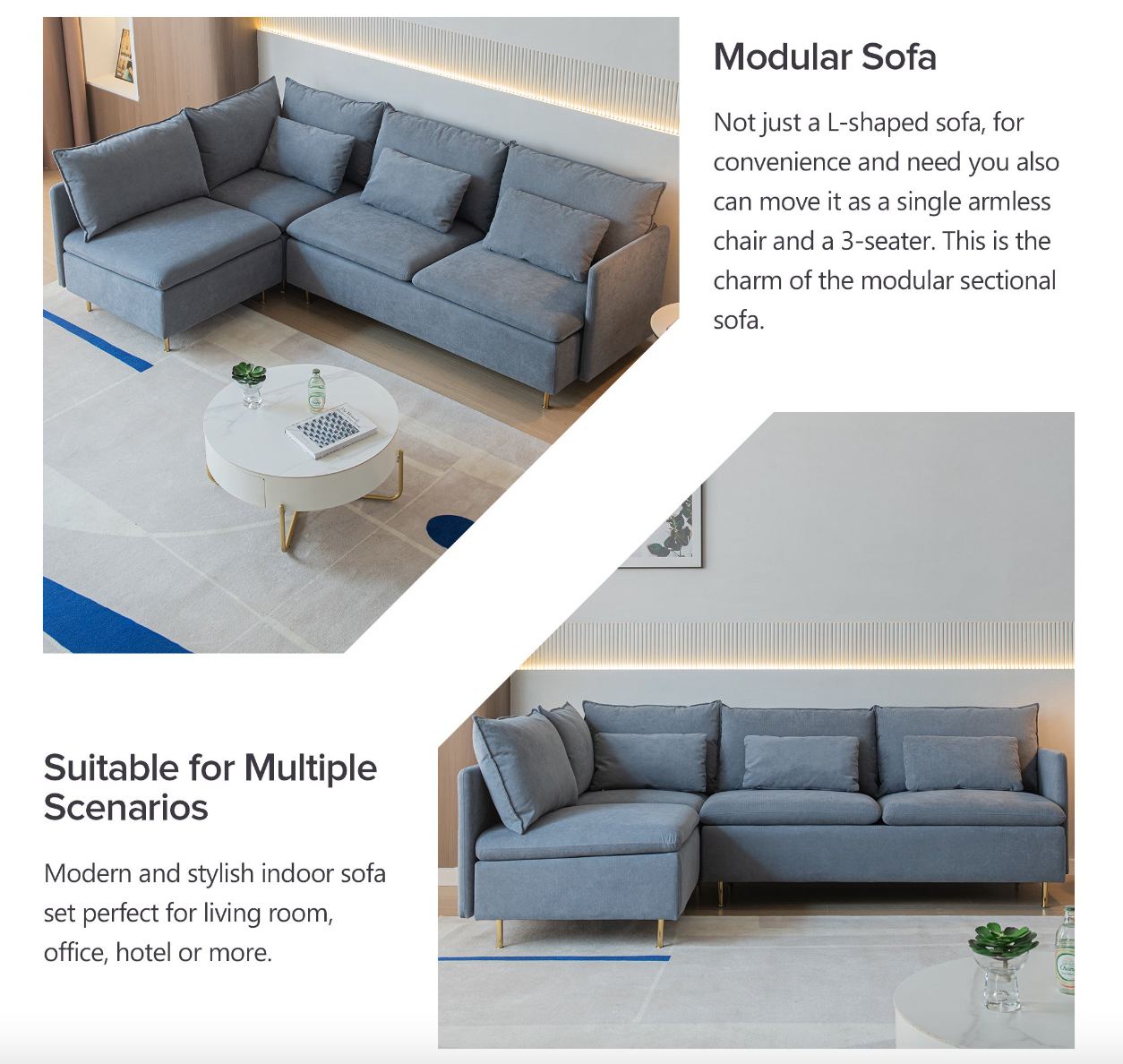 Modular L-shaped Corner sofa, Left Hand Facing Sectional Couch - Grey Cotton Linen