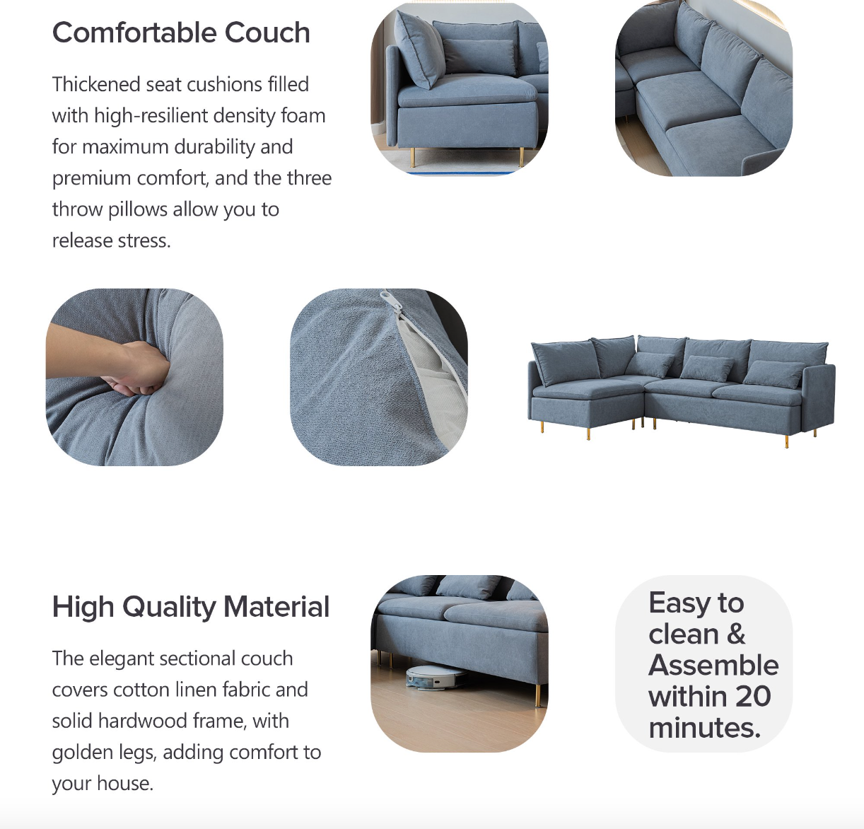 Modular L-shaped Corner sofa, Left Hand Facing Sectional Couch - Grey Cotton Linen