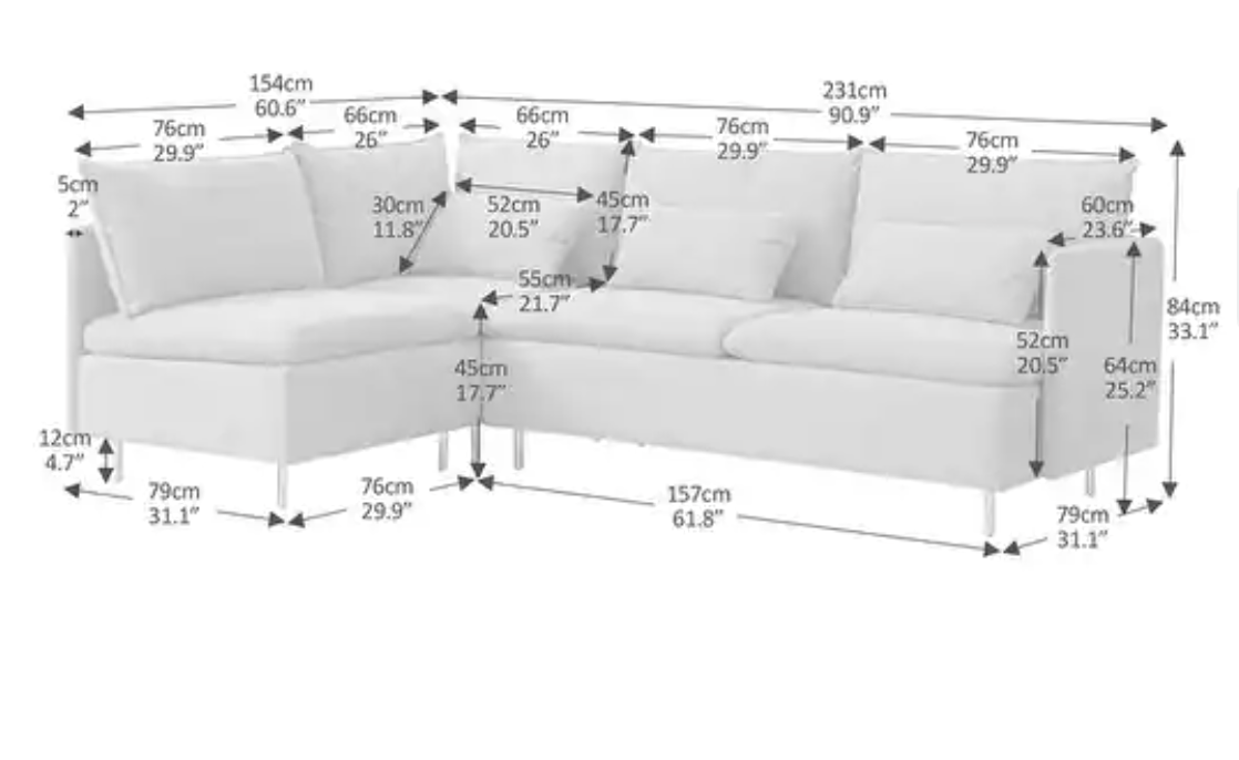 L-shaped Corner sofa, Left Hand Facing Sectional Couch - Beige Cotton Linen