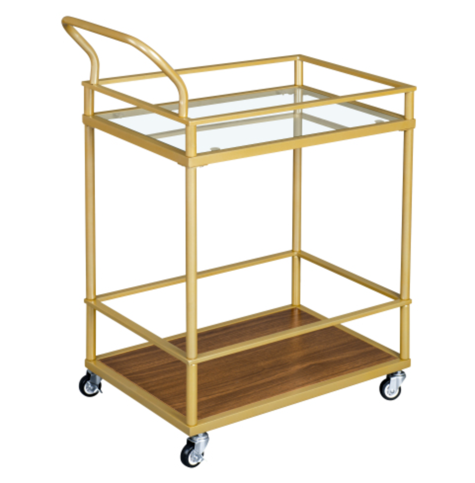 Serving cart, Rolling Bar or Cart for Tea or Cocktail, 2-Tiered Glass and Metal - Gold