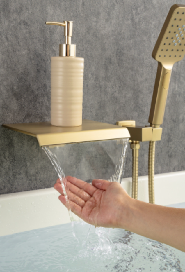 Waterfall Tub Faucet Wall Mount Roman Tub Filler Chrome Single Handle Brass Bathroom Bathtub Faucet with Hand Shower - Gold