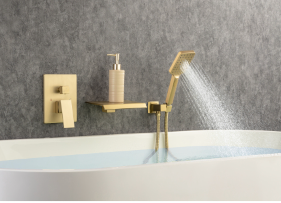 Waterfall Tub Faucet Wall Mount Roman Tub Filler Chrome Single Handle Brass Bathroom Bathtub Faucet with Hand Shower - Gold