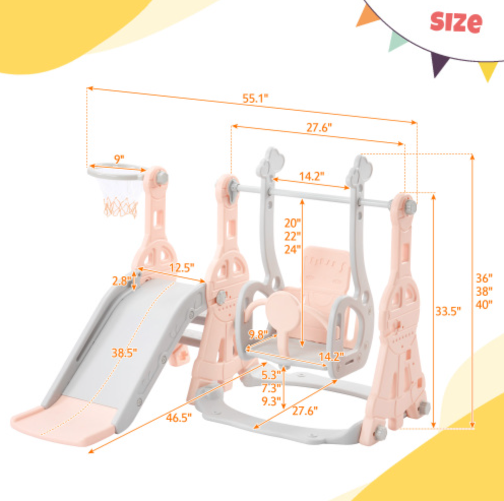 Toddler Slide and Swing Set 3 in 1, Kids Playground Climber Swing Play set with Basketball Hoops Freestanding Combination Indoor & Outdoor