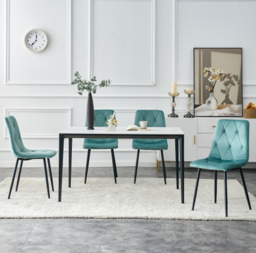 Modern Velvet Dining Chairs with Cushion Seat Back Black Coated Legs (Set of 4) - Antique Blue Green