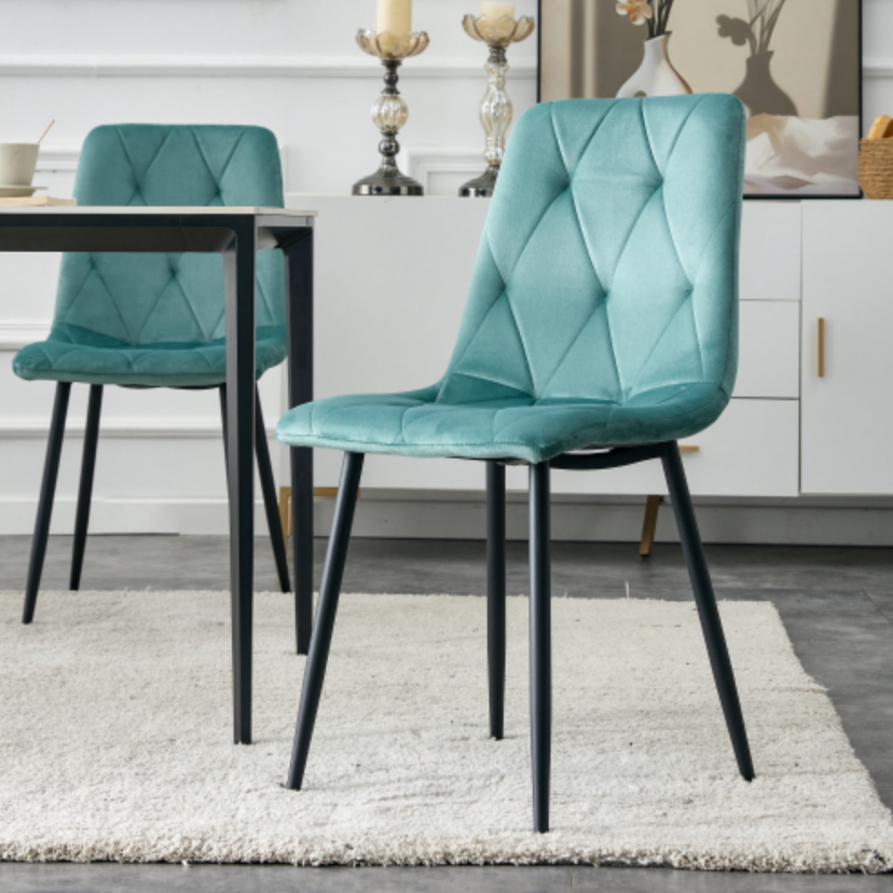 Modern Velvet Dining Chairs with Cushion Seat Back Black Coated Legs (Set of 4) - Antique Blue Green