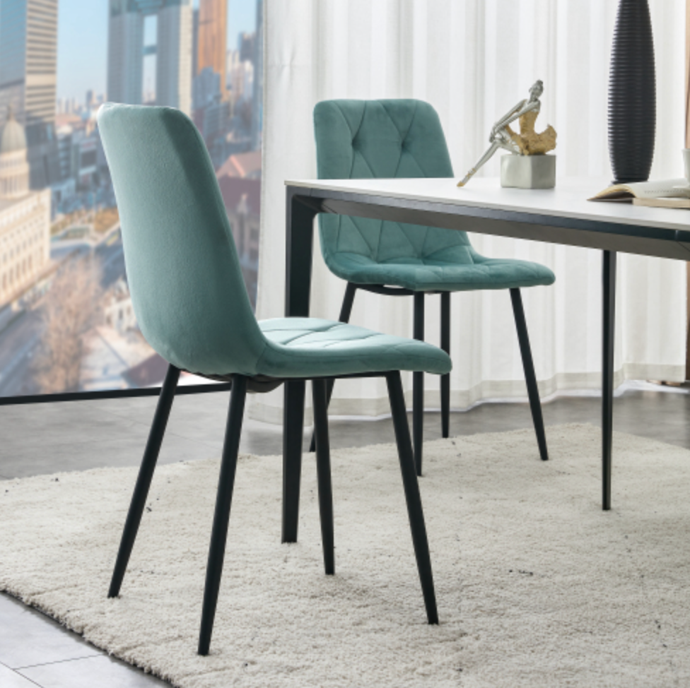 Modern Velvet Dining Chairs with Cushion Seat Back Black Coated Legs (Set of 4) - Antique Blue Green