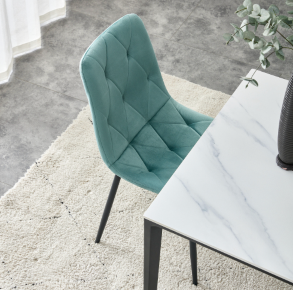 Modern Velvet Dining Chairs with Cushion Seat Back Black Coated Legs (Set of 4) - Antique Blue Green